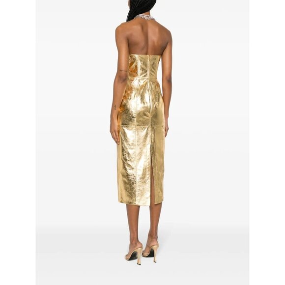 Blumarine Strapless Midi Dress in Gold 42 New Womens Leather Strapless - Picture 15 of 16